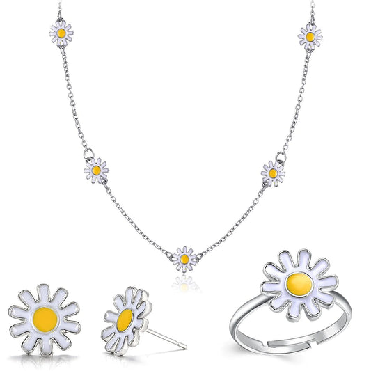 "Exquisite 3-Piece Daisy Flower Jewelry Set - Elegant 18K White Gold Plated Set with Stunning ITALY Design"