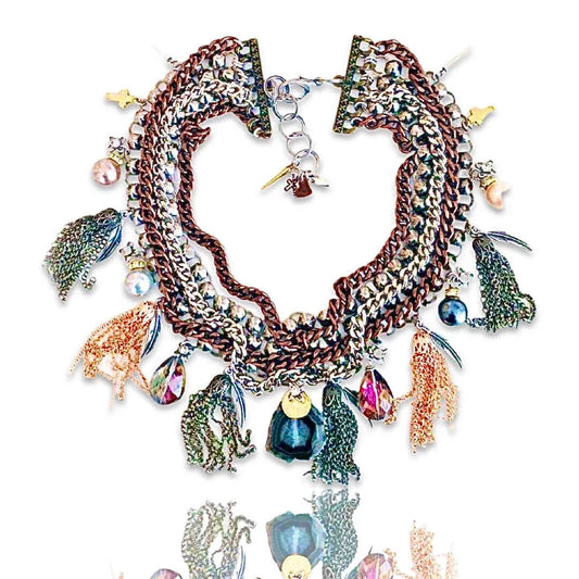 "Exquisite Boho Tassel Necklace Embellished with Swarovski Crystals, Charms, and Burnished Gold"