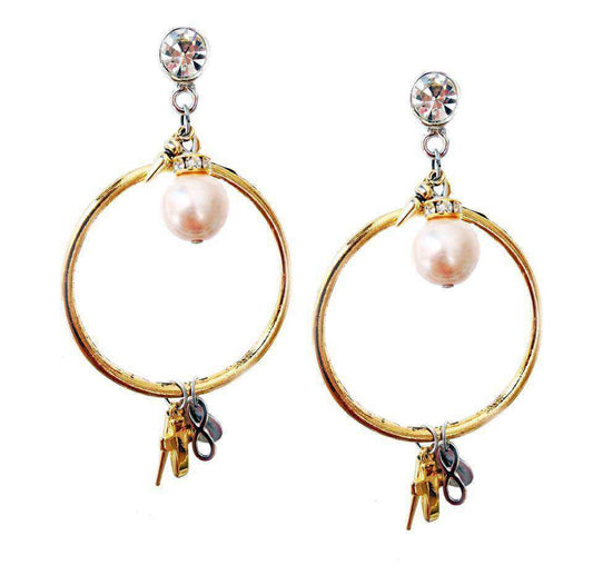 "Enchanting Gold Dangle Earrings with Light Rose Pearls, Sparkling Rhinestones, and Charms. Perfect for Boho Chic Style!"
