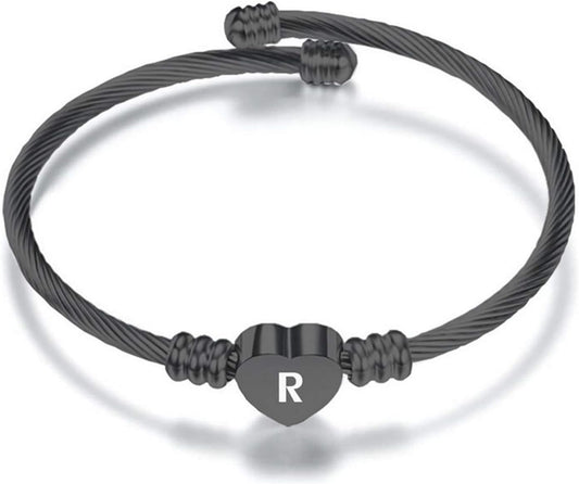 "Personalized Heart Initial Bracelet - Customizable Name Bracelet for Women and Men - Stylish Expandable Cuff in Black"
