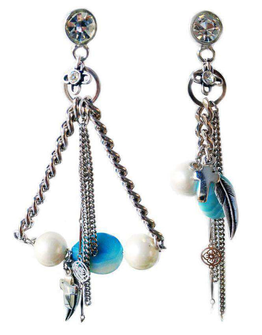 "Exquisite Chandelier Earrings: Blue Agate Stones, Crosses, Feathers, Pearls, Swarovski Crystals and Charms. Elevate Your Style with Trendy Jewelry!"