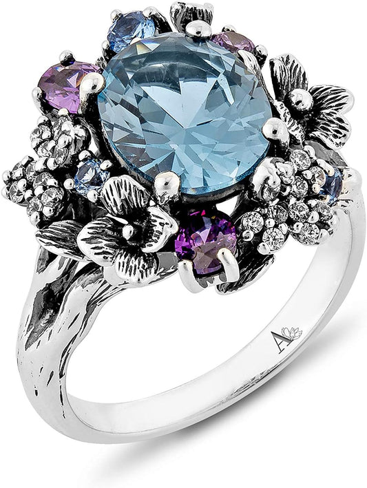 "Exquisite Women'S Sterling Silver Floral Ring with Vibrant Multi Gemstones"