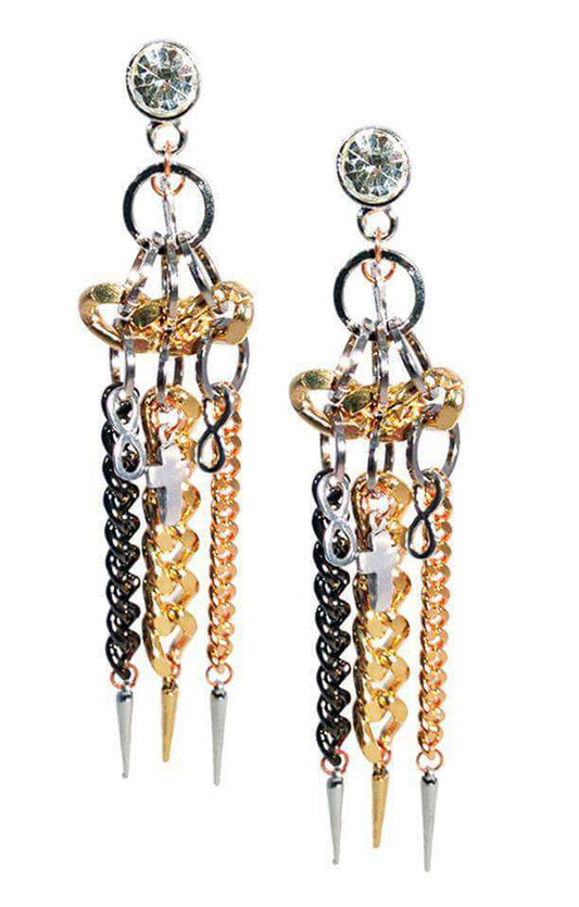 "Sparkling Crystal Cluster Earrings with Gold Chains and Pointed Studs - Handmade Trendy Jewelry"